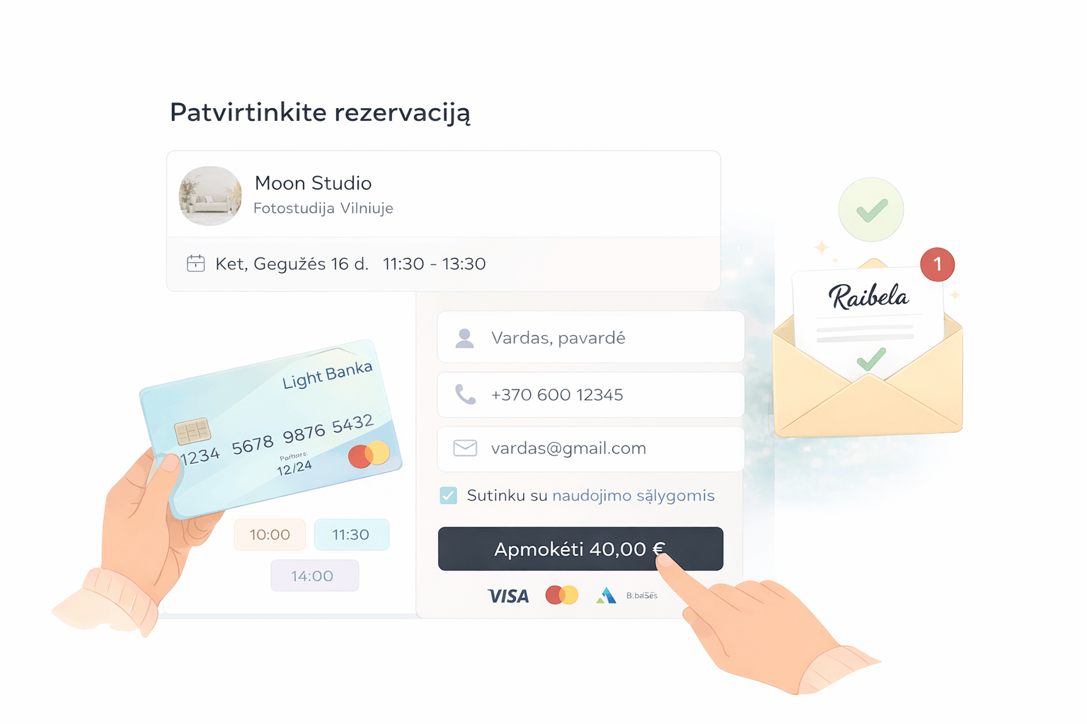 Patvirtini rezervaciją ir apmokėjimą – kontaktų forma ir apmokėjimas Raibeloje